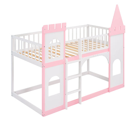 Harper & Bright Designs Twin Over Twin Kids Bunk Bed, Twin Loft Bed with Castle Shape Design, Wooden Floor Bunk Beds for Girls Boys Bedroom Dorm, Pink Harper & Bright Designs