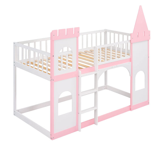 Harper & Bright Designs Twin Over Twin Kids Bunk Bed, Twin Loft Bed with Castle Shape Design, Wooden Floor Bunk Beds for Girls Boys Bedroom Dorm, Pink