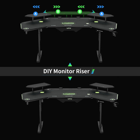 Klobel 72" Standing Gaming Desk with Dual Motor, Wing-Shaped Computer Desk with Full Coverage Mouse Pad, Electric Height Adjustable Standing Desk with RGB LED Lights and Slot Design Shelves Klobel
