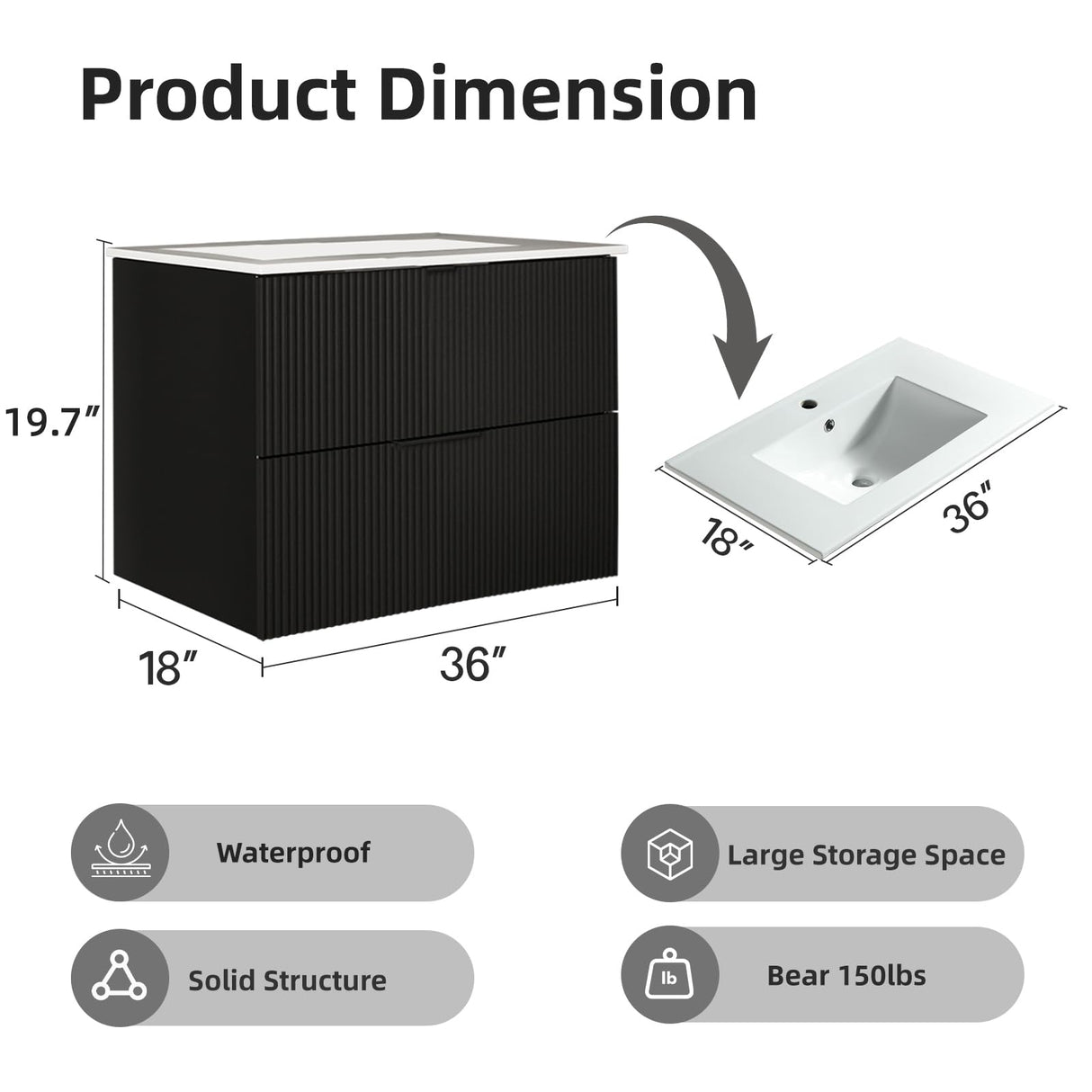 JINDOLI 36 Inch Bathroom Vanity Cabinet with Sink Black Wall Mounted Bathroom Vanities with Ceramic Sink Floating Fluted Sink Vanity with Drawers,Modern JINDOLI
