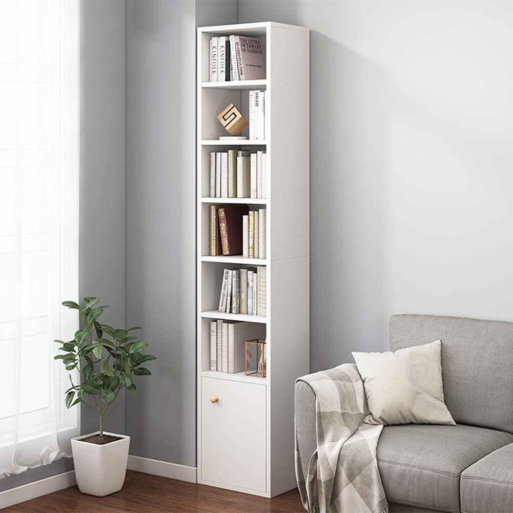 IOTXY Small Narrow Corner Bookcase - 71 Inches Tall Gap Freestanding Storage Cabinet, 7 Lattices Open Shelves Tower Rack with Door, Cubes Bookshelf in White IOTXY