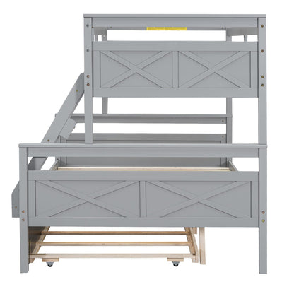 Merax Grey Twin Over Full Solid Wood Trundle Bunk Bed with Guardrail and Ladder - WoodArtSupply