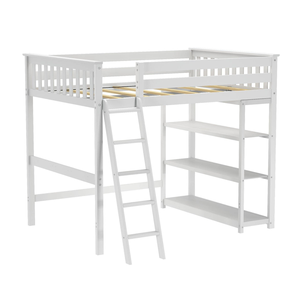 Max & Lily High Loft Bed with Desk and Bookcase, White Solid Wood Frame for Kids and Teens Max & Lily