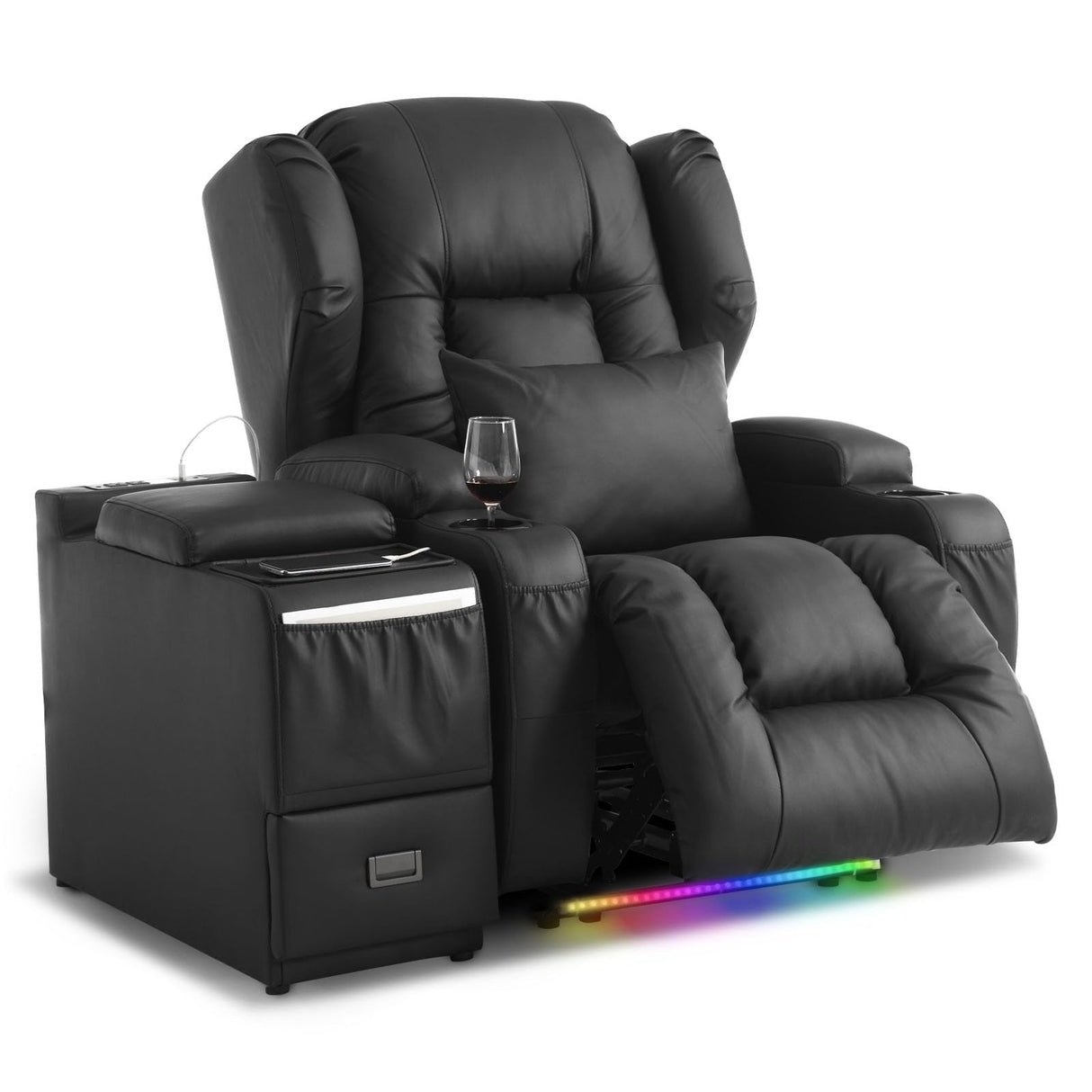 DRMBOOK Power Recliner Chair with Console, Faux Leather Wall Hugger Reclining Sofa, Electric Home Movie Sofa with Massage & Heat, Single Recliner Set with LED Light for Living Room RV, Black DRMBOOK