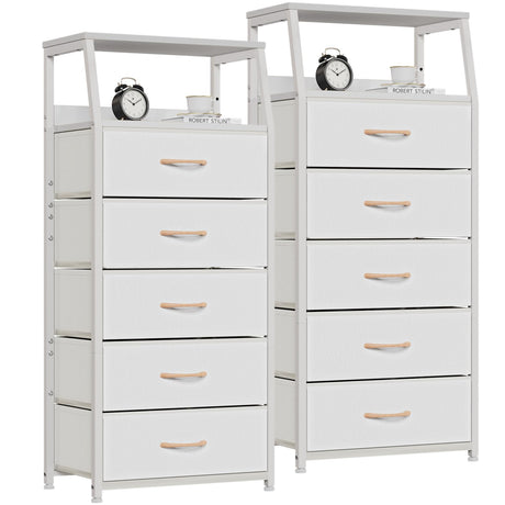 Furnulem White Nightstand Set of 2, 5 Drawers Vertical Storage Dresser for Bedroom, Hallway, Entryway, Nursery, Closet Organizer, Nightstand Bedside Table Side Furniture, Sturdy Steel Frame, Wood Top Furnulem