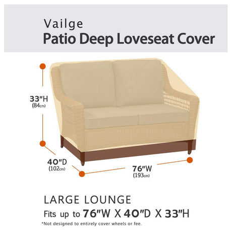 VAILGE 2-Seater Heavy Duty Patio Deep Bench Loveseat Cover,100% Waterproof Outdoor Deep Sofa Cover, Lawn Patio Furniture Covers with Air Vent, Medium (Deep), Beige & Brown Vailge