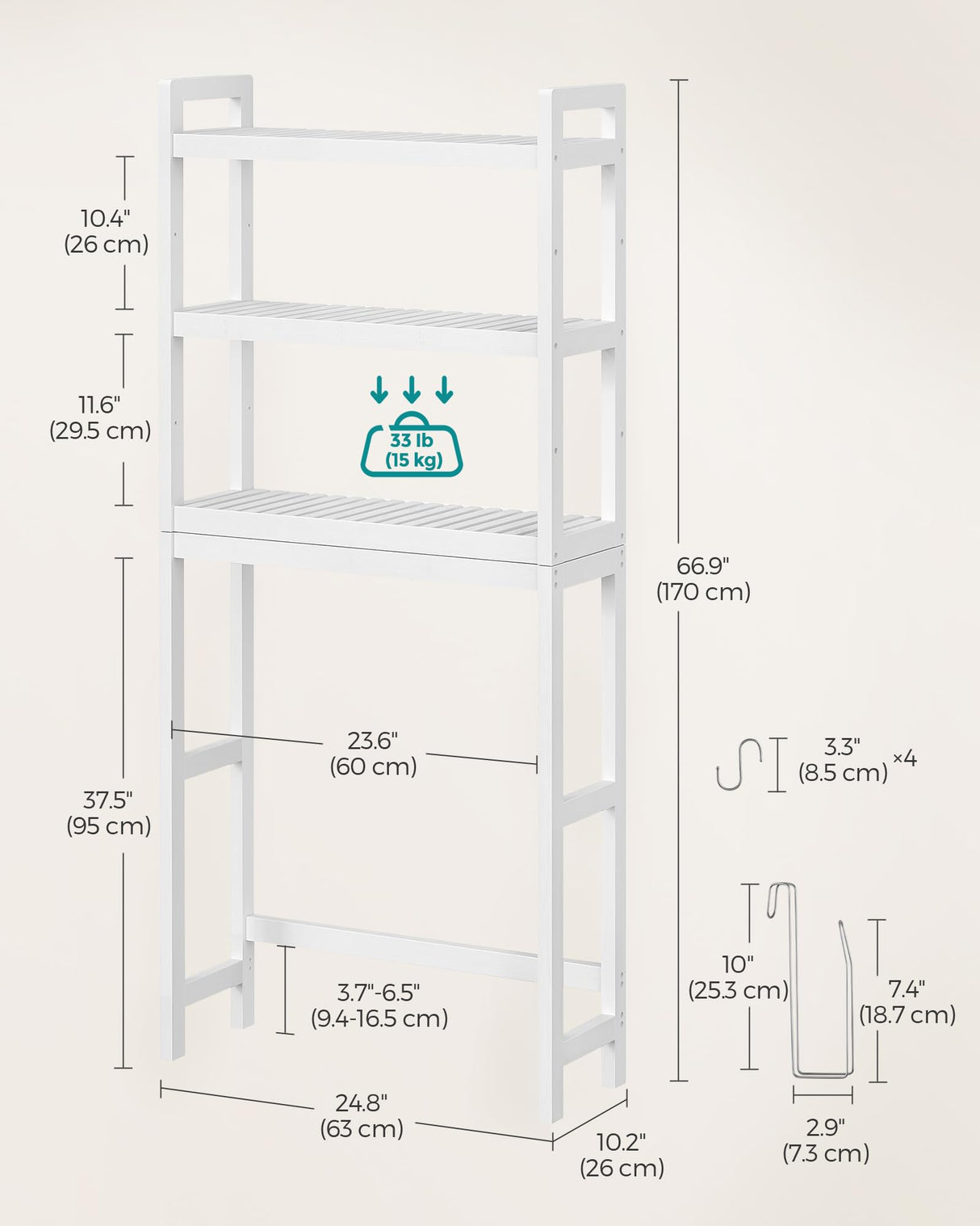 SONGMICS Over The Toilet Storage, 3-Tier Over Toilet Bathroom Organizer with Adjustable Shelf, Fit Most Toilets, Space-Saving, Cloud White UBTS01WT SONGMICS