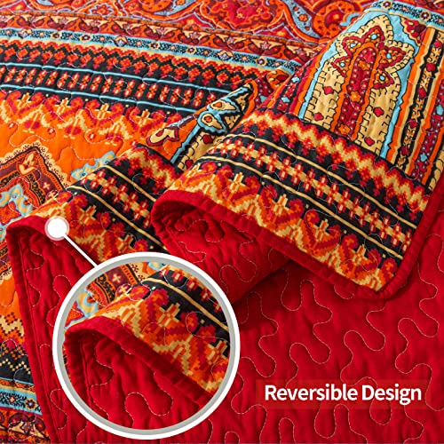 VAPUTAR Cotton Quilt King Size Bedding Set - 3 Pieces King Quilt Bedding Set, Boho King Size Quilts, Lightweight Reversible Coverlets Bedspreads for Farmhouse Bedroom (Red/Orange) VAPUTAR
