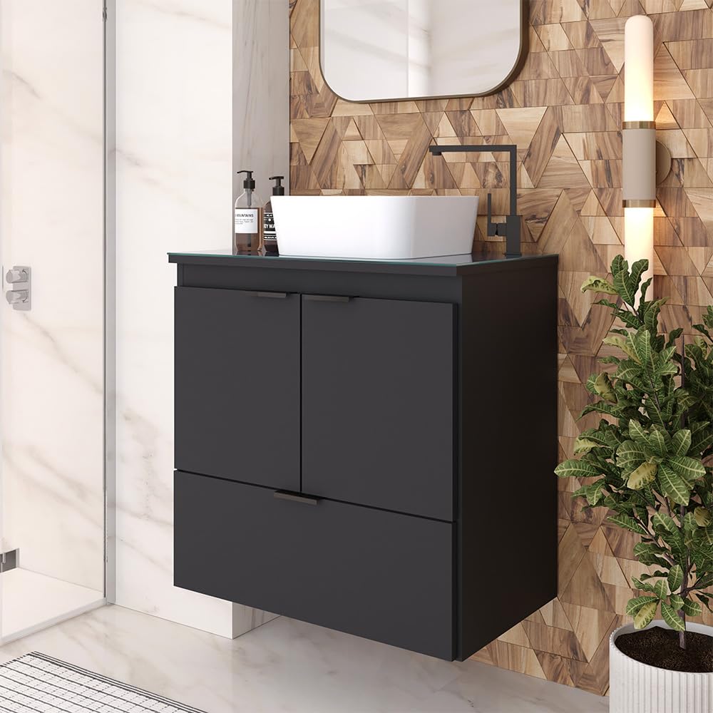 COZIMAX Cabinet and Sink Soul 24" Floating Bathroom Vanity with White Ceramic Sink, Tempered Glass Countertop, Soft Close Doors, 1 Drawer, Wall Mount (Black) COZIMAX