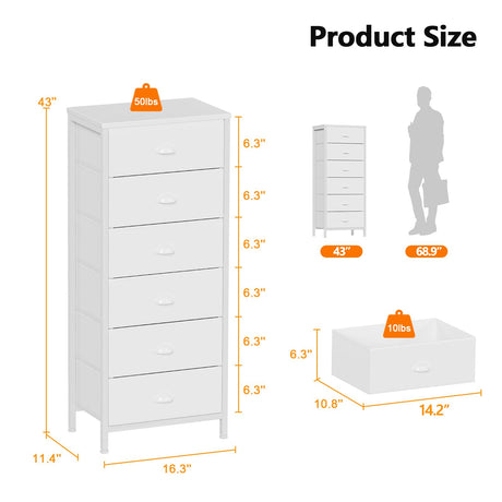 Furnulem White Tall Dresser for Bedroom,Vertical Storage Tower Unit and End Table with 6 Drawers, Nightstand Furniture with Fabric Drawer Organizer in Living Room,Closet,Entryway,Hallyway Furnulem
