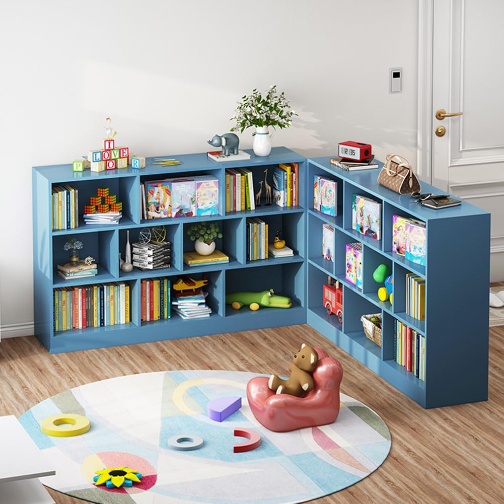 IOTXY Open Shelf Low Bookcase - Wooden 3-Tier Floor Standing Display Cabinet Organizer with Base, 10 Cubes Short Horizontal Bookshelf in Bright Blue IOTXY