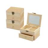 3 Pack Unfinished Wooden Jewelry Box (6x4.7x4 in) Natrural Wood Surface Chest With Glass Mirror Small 1 Drawer Cregugua