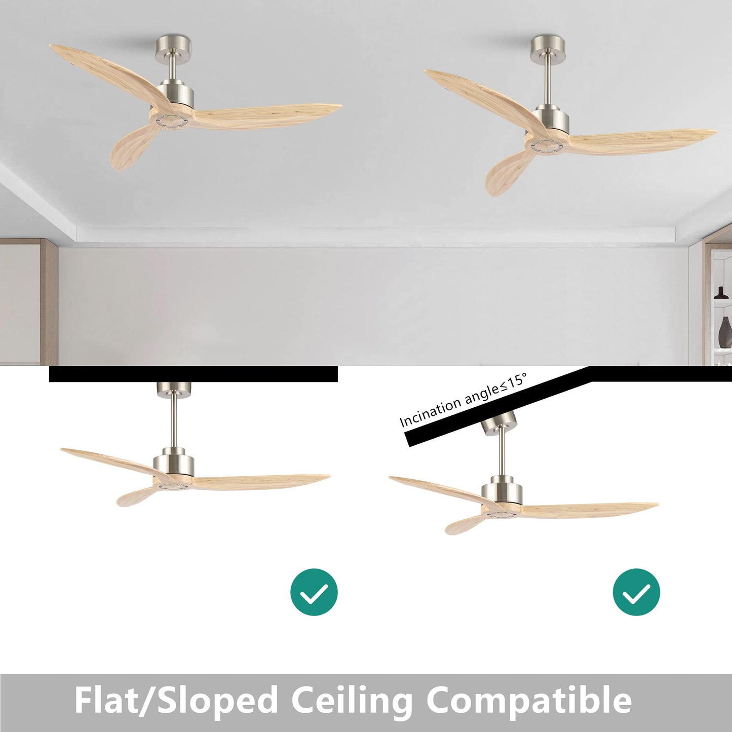 ELEHINSER 64" Wood Ceiling Fan Without Lights, 3 Blades 6-Speed Reversible DC Motor Ceiling Fan with Remote Control and Timer for Kitchen Bedroom Dining Living Room, Wood Blades with Nickel