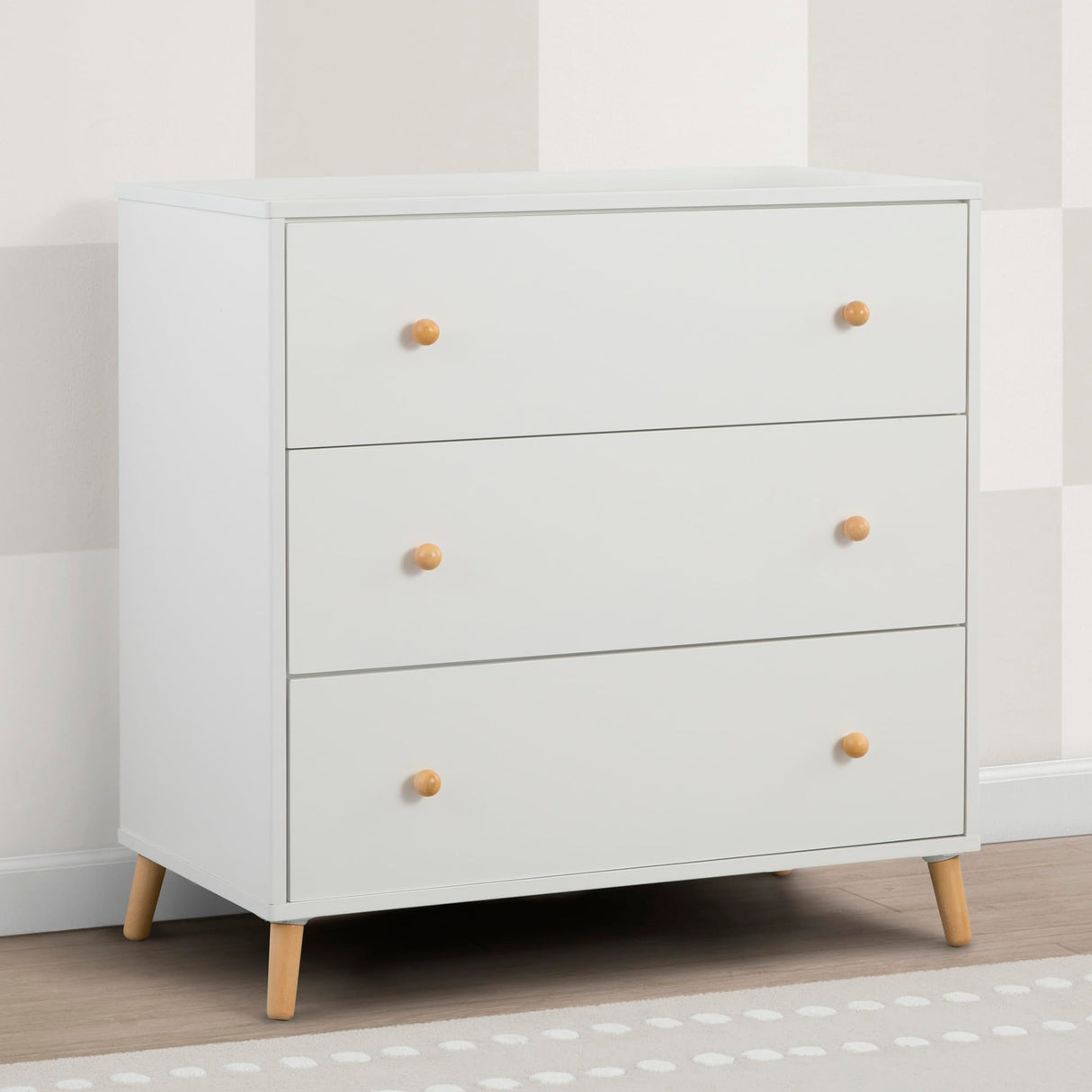 Delta Children Essex 3 Drawer Dresser with Interlocking Drawers, Bianca White/Natural Delta Children