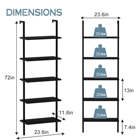 aboxoo Ladder Shelf Open 5-Tier Bookshelf Wall-Mounted Black Wood Bookcase Storage Rack Open Industrial Modern Plant Stand Utility Organizer Bookcase Metal Frame Furniture Office Bedroom aboxoo