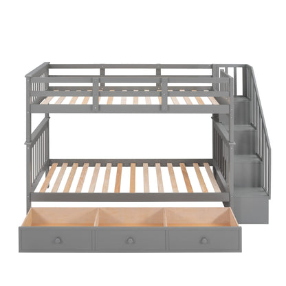 Merax Twin-Over-Twin Bunk Bed with Three Drawers, Soild Wood Stairway Bunk Bed with Storage and Guard Rail for Bedroom, Dorm, Grey