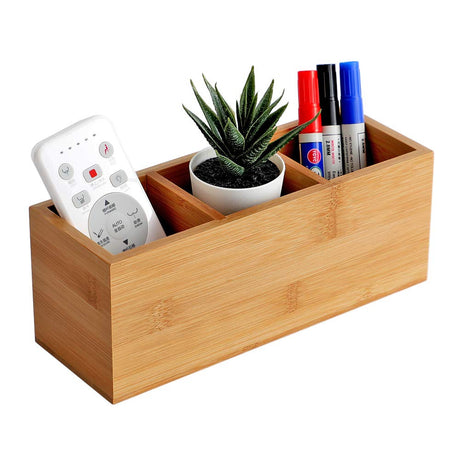 YOSCO Bamboo Wood Pens Pencils Holder Cup for Desk Remote Control Holder, Caddy,Organizer,Desktop Storage with 3 Compartments,Multiuse for Store TV Remotes,Game Console,Phones,Office Supplies (3 Grid) YOSCO