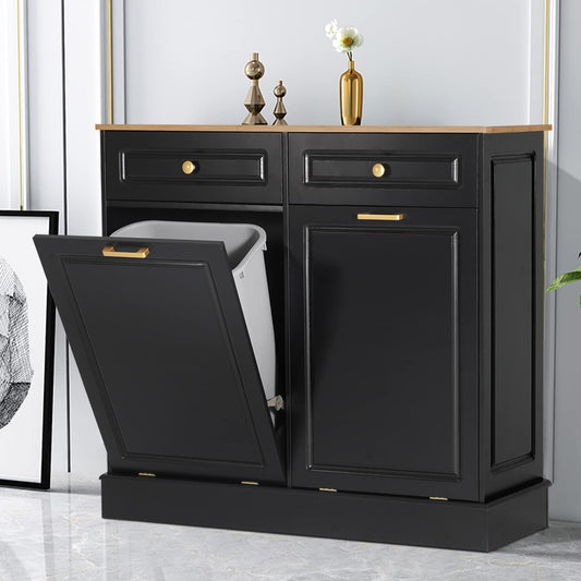 Anbuy Dual Tilt Out Cabinet with Two Wood Hideaway Trash Drawers, Free Standing Recycling Double Can Holder for Kitchen(Black) - WoodArtSupply