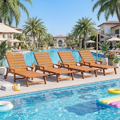 LegacyAmerhome Outdoor Lounge Chair Set of 2 with 5-Position Adjustable, Outside Lounge Chair with Cup Holder, Wheels for Easy Mobility, HDPE Tanning Chair for Poolside, Patio, Brown LegacyAmerhome