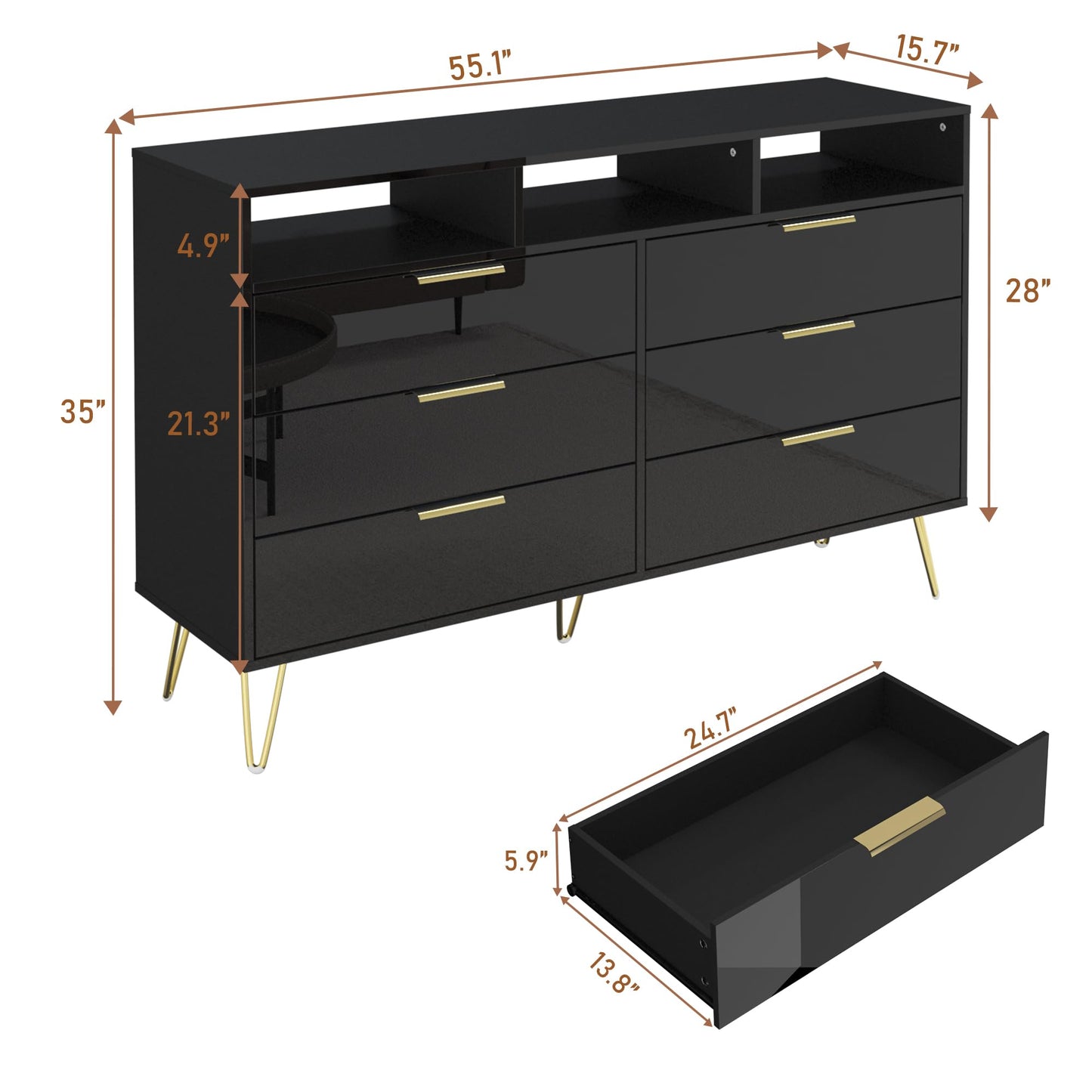 Hlivelood Black Dresser for Bedroom with LED Lights, 6 Drawer Dresser with Gold Legs, High Gloss Modern Wide Dressers & Chests of Drawers for Living Room, Hallway, 55 Inch - WoodArtSupply