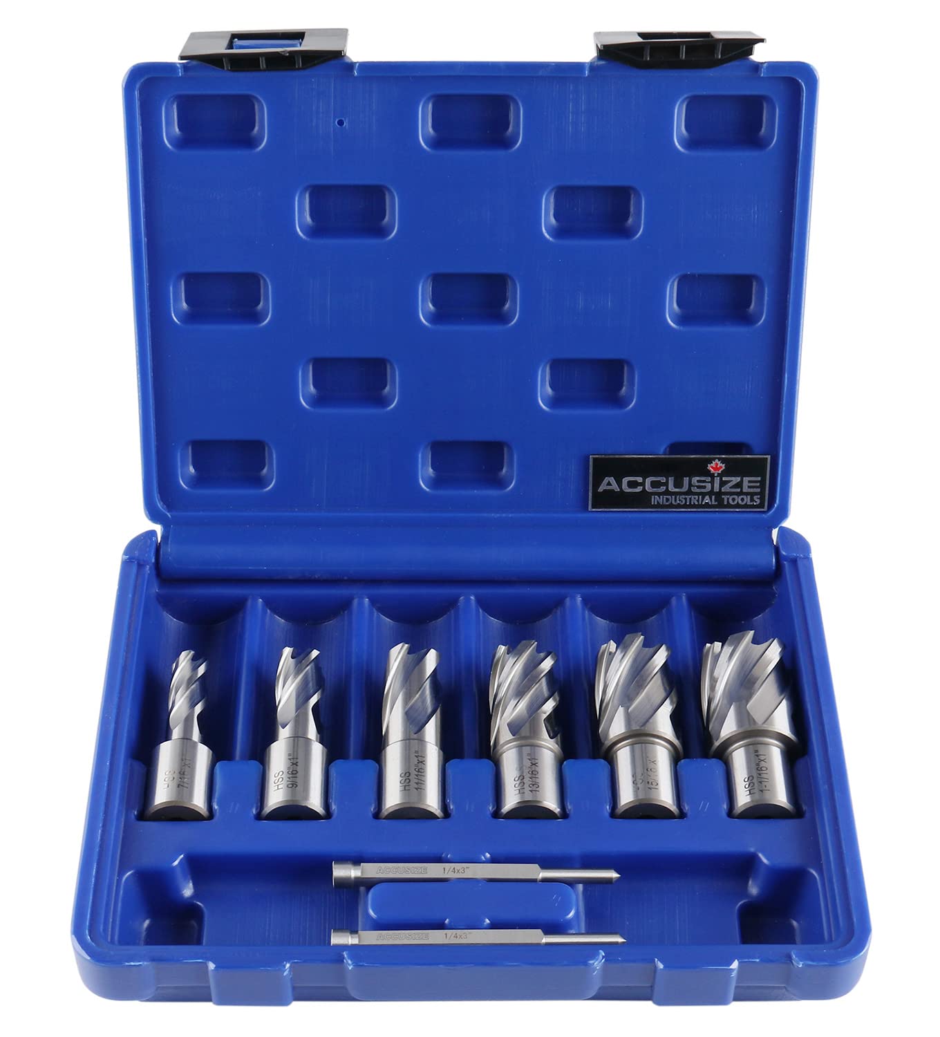 Accusize Industrial Tools Hss Professional Annular Cutter Set 1'' Cutting Depth, 7/16'' to 1-1/16'' with 3/4'' Weldon Shank, 8 Pc Set, HSS1-0000 - WoodArtSupply