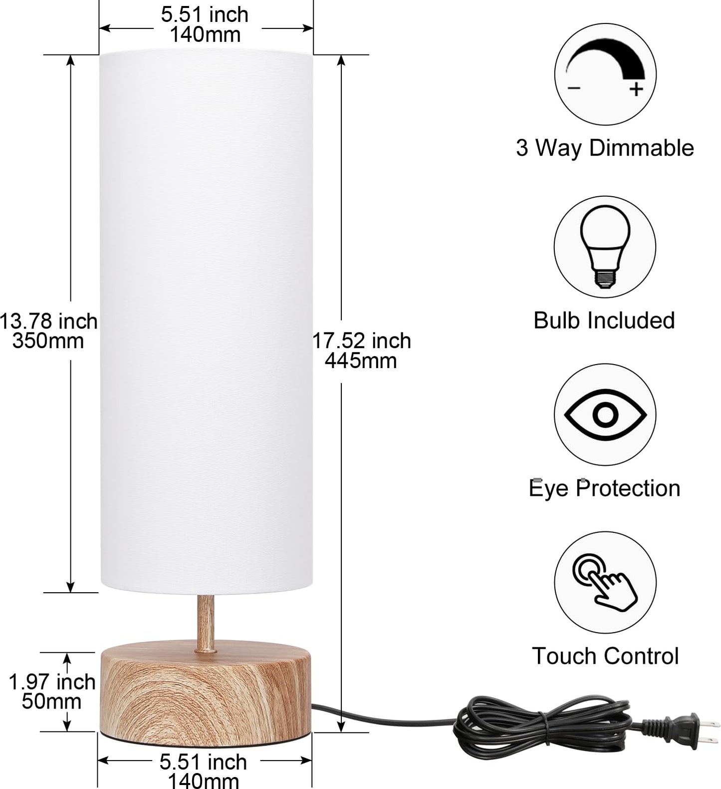 Bedside Table Lamp, 3 Way Touch Control Table Lamp with Wood Grain Base, Dimmable Nightstand Lamp with White Shade, Simple Night Light for Bedroom Living Room Home Office, LED Bulb Included - WoodArtSupply