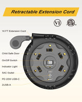 Retractable Power Strip Extension Cord Reel with USB C PD 20W, Flat Plug Travel Power Strip Surge Protection with 5 AC 3 USB Ports, 10FT Travel Extension Cord Portable Outlet, Black Grey Kungfuking