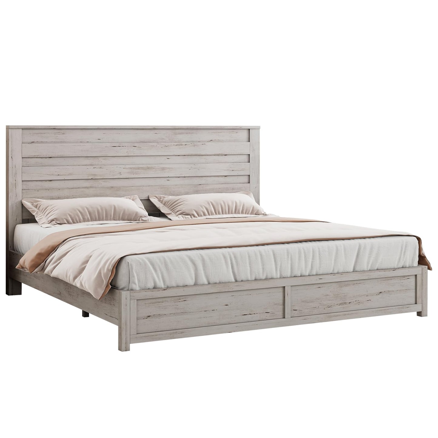 LUXOAK Farmhouse King Bed Frame with 49" Tall Headboard, Wooden Platform Beds with Hidden Metal Bed Frame, No Box Spring Needed, Distressed White