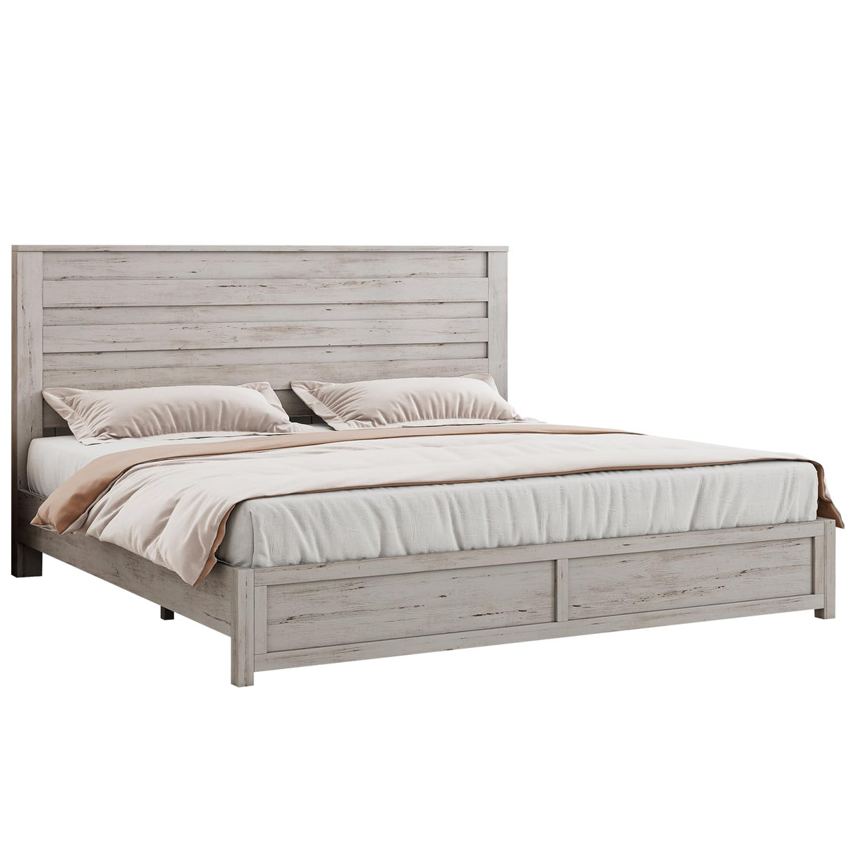 LUXOAK Farmhouse King Bed Frame with 49" Tall Headboard, Wooden Platform Beds with Hidden Metal Bed Frame, No Box Spring Needed/Easy Assembly, Distressed White LUXOAK