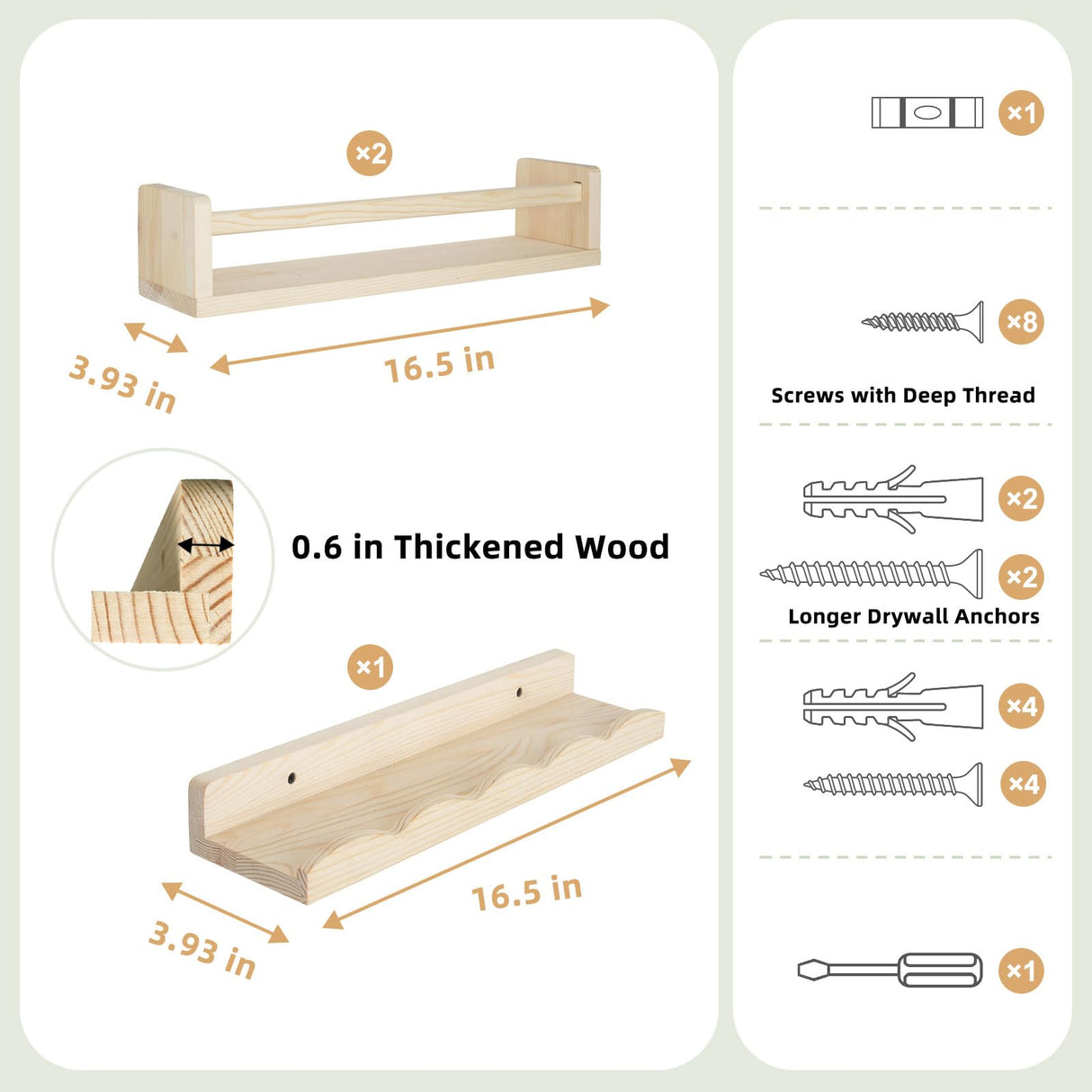 storenization Floating Book Shelves for Wall, 16.5" Natural Wood Nursery Shelves for Book Storage, Solid Pine Wooden Floating Wall Bookshelf for Bedroom Living Room, Set of 2+1, Unfurnished - DIY storenization