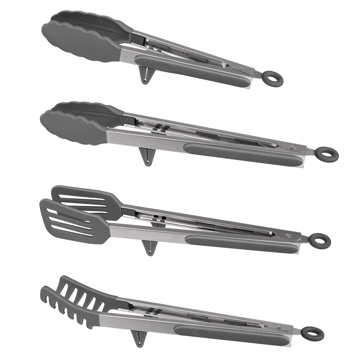 4in1 Stainless Steel Kitchen Food Tongs Set for Cooking with Silicone Tips, Toaster Steak Pie Pizza Pasta Spaghetti Noodles Salad Fruit Vegetable Grill BBQ Buffet Clamp Serving Tools Gadgets Aschef