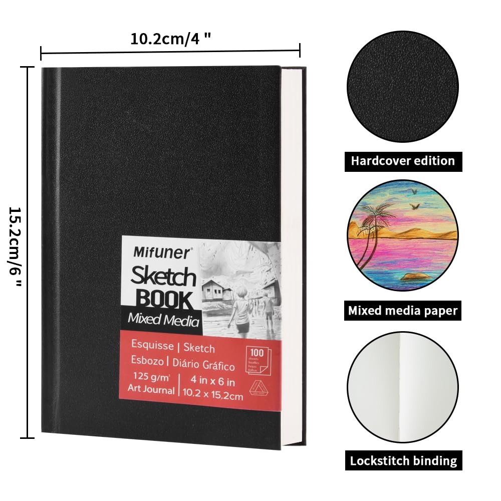 Mixed Media Sketch Pad, 4 x 6 inches 125 GSM (100 Sheets/200 Pages) Sketchbook for Drawing, Hardcover Mix Media Art Sketchbook for Wet and Dry Media,Painting,Drawing. 4X6 E-WEICHEN