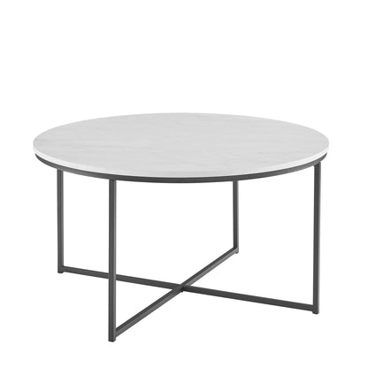 Walker Edison Cora Modern Round Faux Marble Top Coffee Table with X Base, 36 Inch, Marble and Black - WoodArtSupply