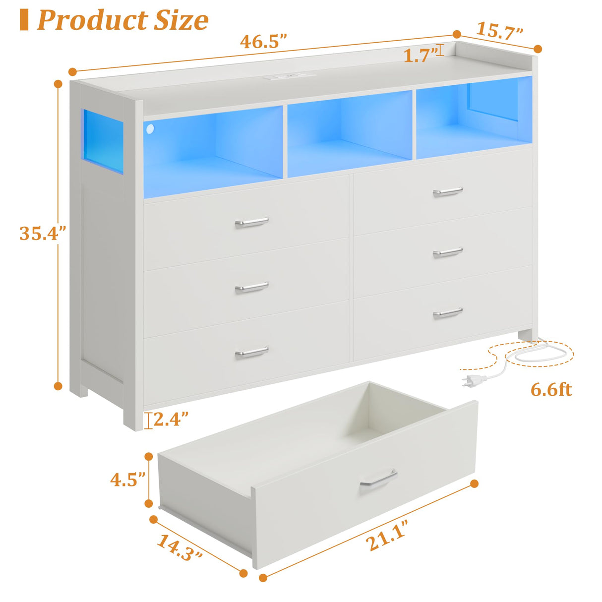 White Dresser for Bedroom with 6 Drawers, LED Dressers & Chests of Drawers with Power Strip, Modern Dressers Wide Storage for Bedroom Closet Whalefall