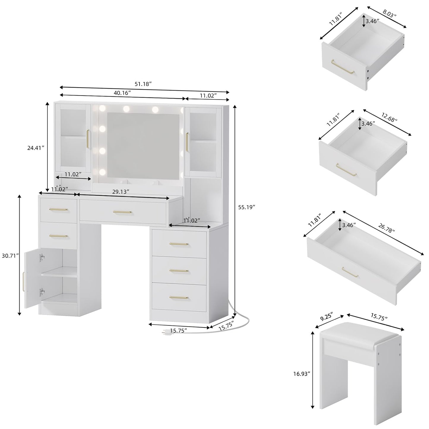 51" Vanity Desk with Mirror and Lights & Charging Station, Bedroom Dressing Table, Large Vanity Set with Cushioned Stool, 6 Drawers and 2 Cabinets, Makeup Vanity Table with Charging Station