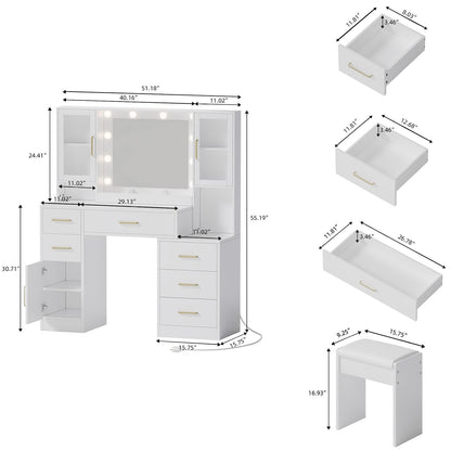 51" Vanity Desk with Mirror and Lights & Charging Station, Bedroom Dressing Table, Large Vanity Set with Cushioned Stool, 6 Drawers and 2 Cabinets, Makeup Vanity Table with Charging Station