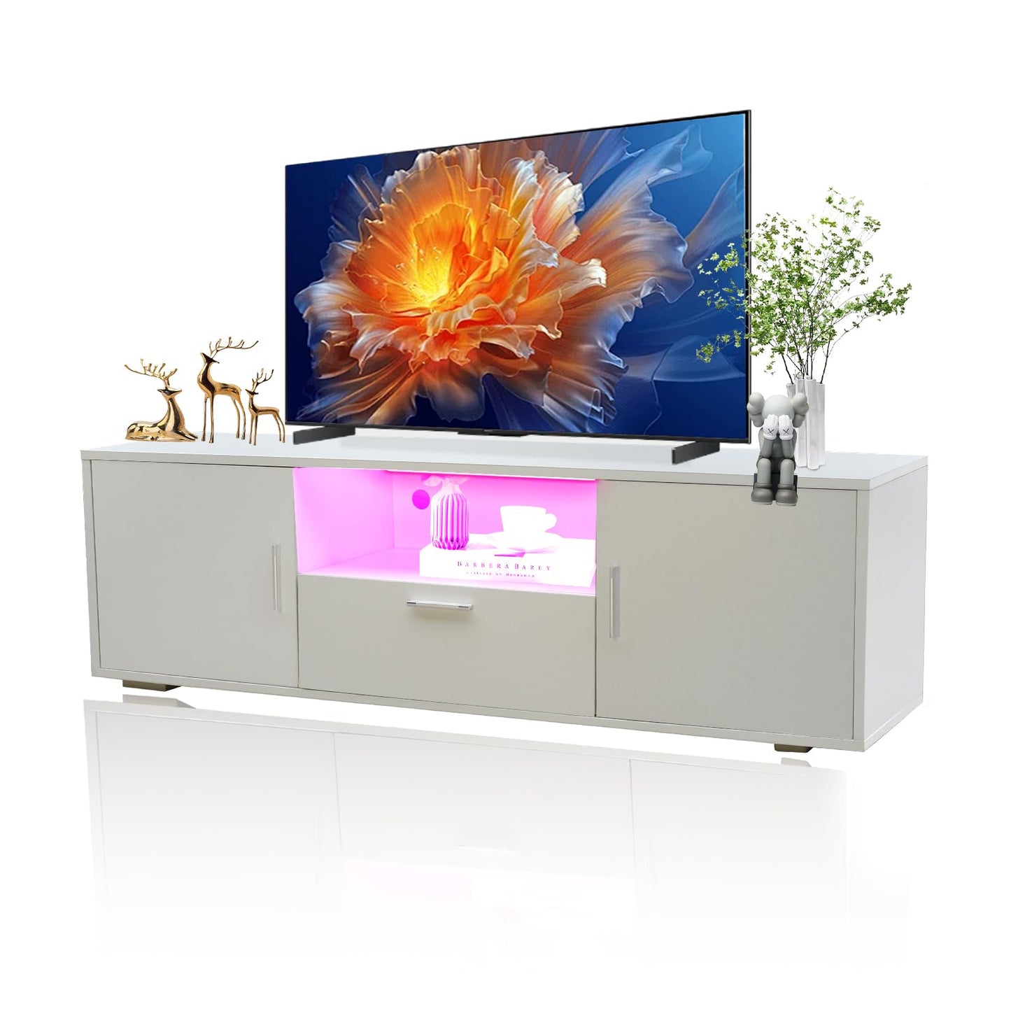 HOUAGI TV Stand for 55 Inch TVs, Modern LED Entertainment Center with Storage Cabinet and Open Shelf Console Table Storage Desk,TV Console Table for Living Room,Bedroom,White