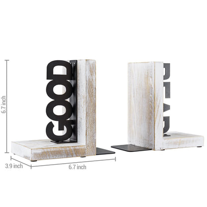 MyGift Shabby White Washed Solid Wood Decorative L-Shaped Bookends with Matte Black Metal Cutout Good and Read Block Letter Design, Non-Skid Book Stopper, 1 Pair