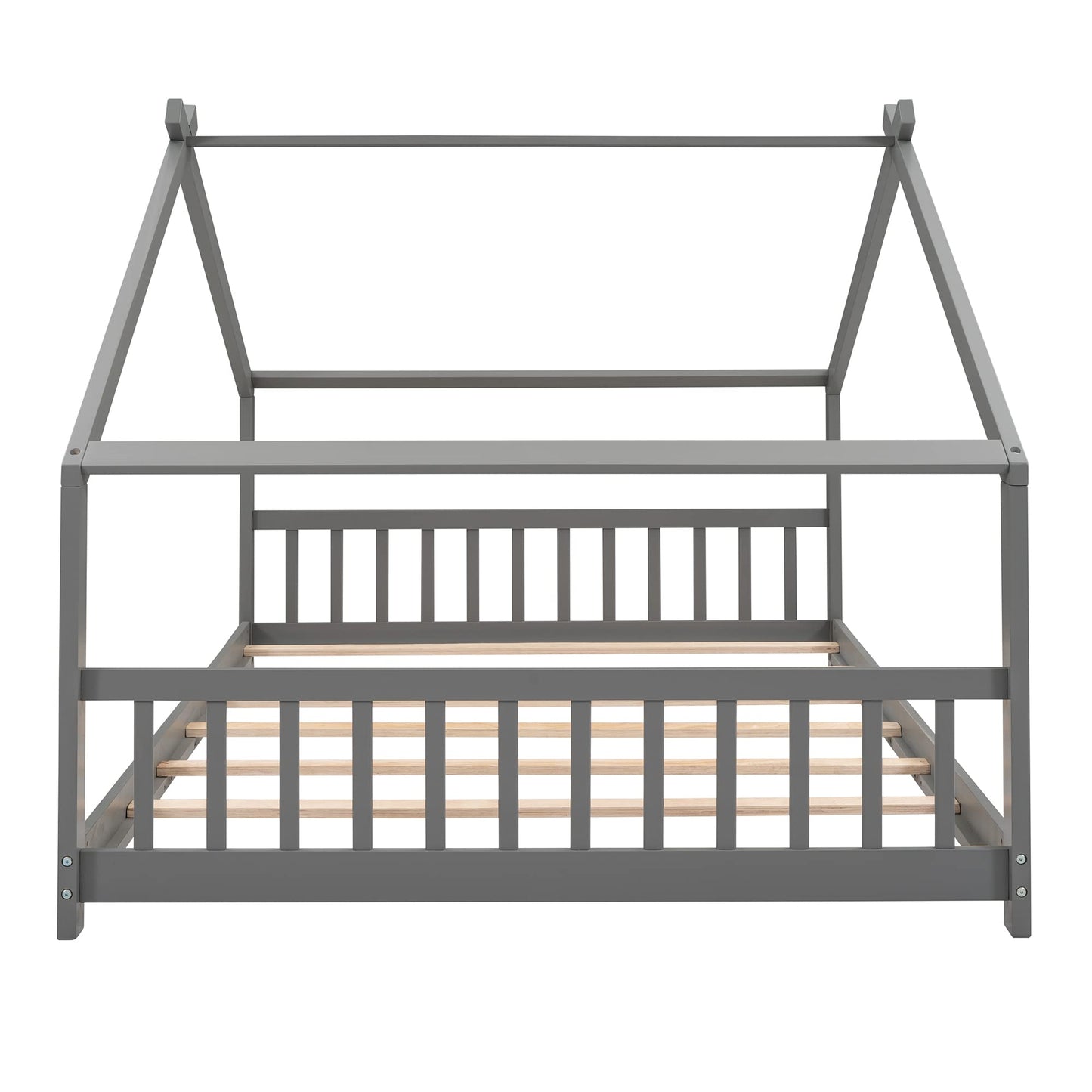 Bellemave Full-Size Montessori Floor Bed Frame with Playhouse Design in Grey - WoodArtSupply