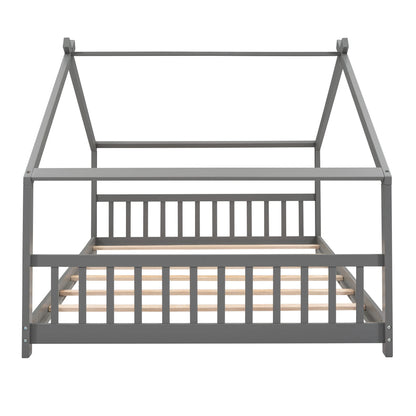 Bellemave Full-Size Montessori Floor Bed Frame with Playhouse Design in Grey - WoodArtSupply