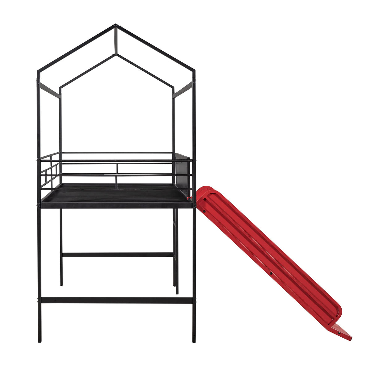 Twin House Loft Bed with Slide and Roof, Metal House Bed with Slide, Modern Style Heavy-Duty Steel Frame Loft Bed with Safety Rail, Built-in Ladder for Bedroom Dorm Boys Girls (Twin Size, Black+Red) Harper & Bright Designs