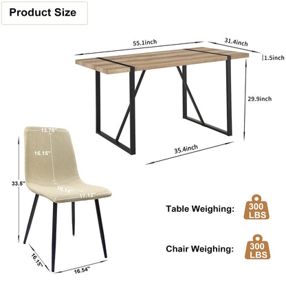 WIIS' IDEA Modern Dining Table Set for 4,Rectangular Solid Wood Dining Table for 4 People,Metal Base and Legs,Suitable for Living Room,Dining Room,Kitchen（55" Dining Table+4 Beige Dining Chai - WoodArtSupply