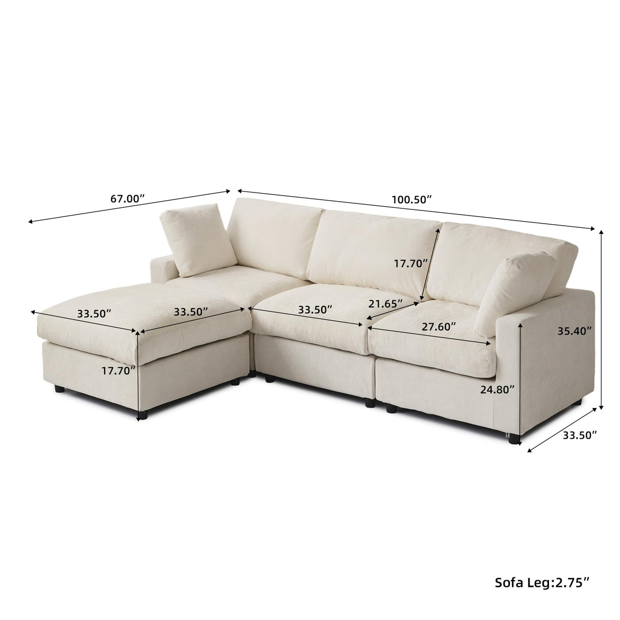 Cloud Sectional Couches for Living Room,100.5" Convertible L Shaped Couch with Ottoman, 4 Seater Modular Sectional Sofa,Deep Seater Furniture Sets,Beige WJShome