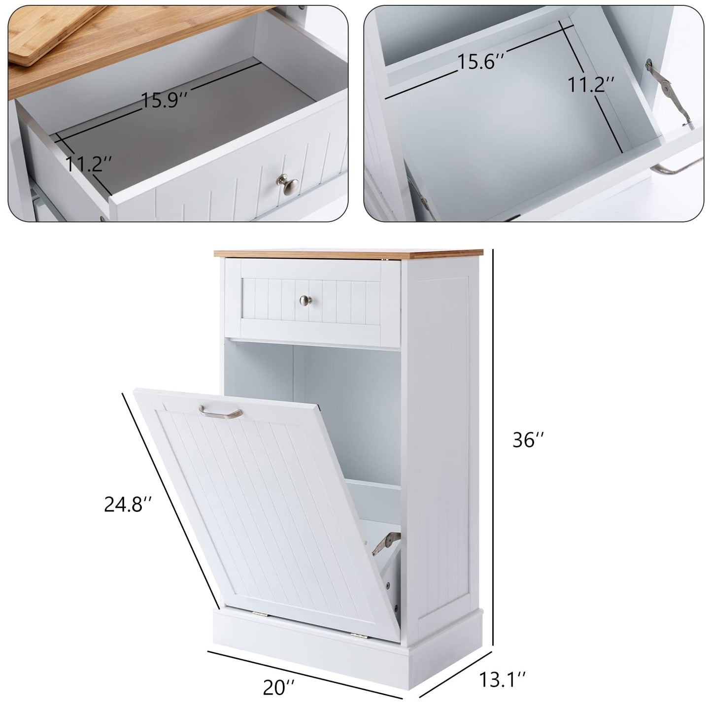 Tilt Out Trash Cabinet, Freestanding Wooden Kitchen Trash Recycling Cabinet with Drawer & Removable Cutting Board, Dog Proof Trash Can Cabinet, White - WoodArtSupply