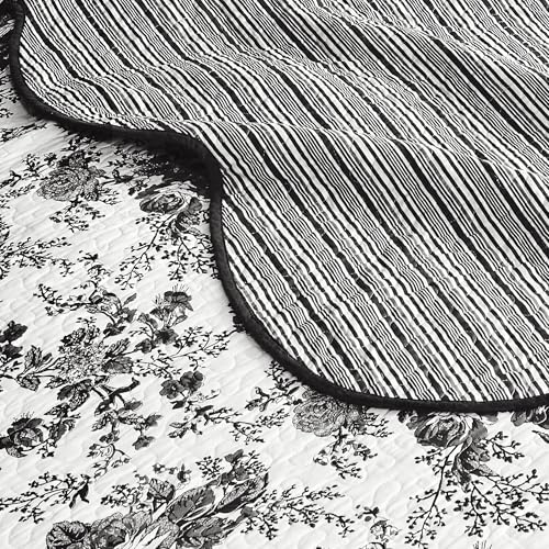 Wonderful 100% Cotton Black Floral Quilt Set Queen Size Bedding Sets with Pillow Shams and Bed Skirt, 4 Pieces Floral Bedspread Coverlet Set, Quilted Blanket Bed Cover for All Season, 88"x90" Wonderful