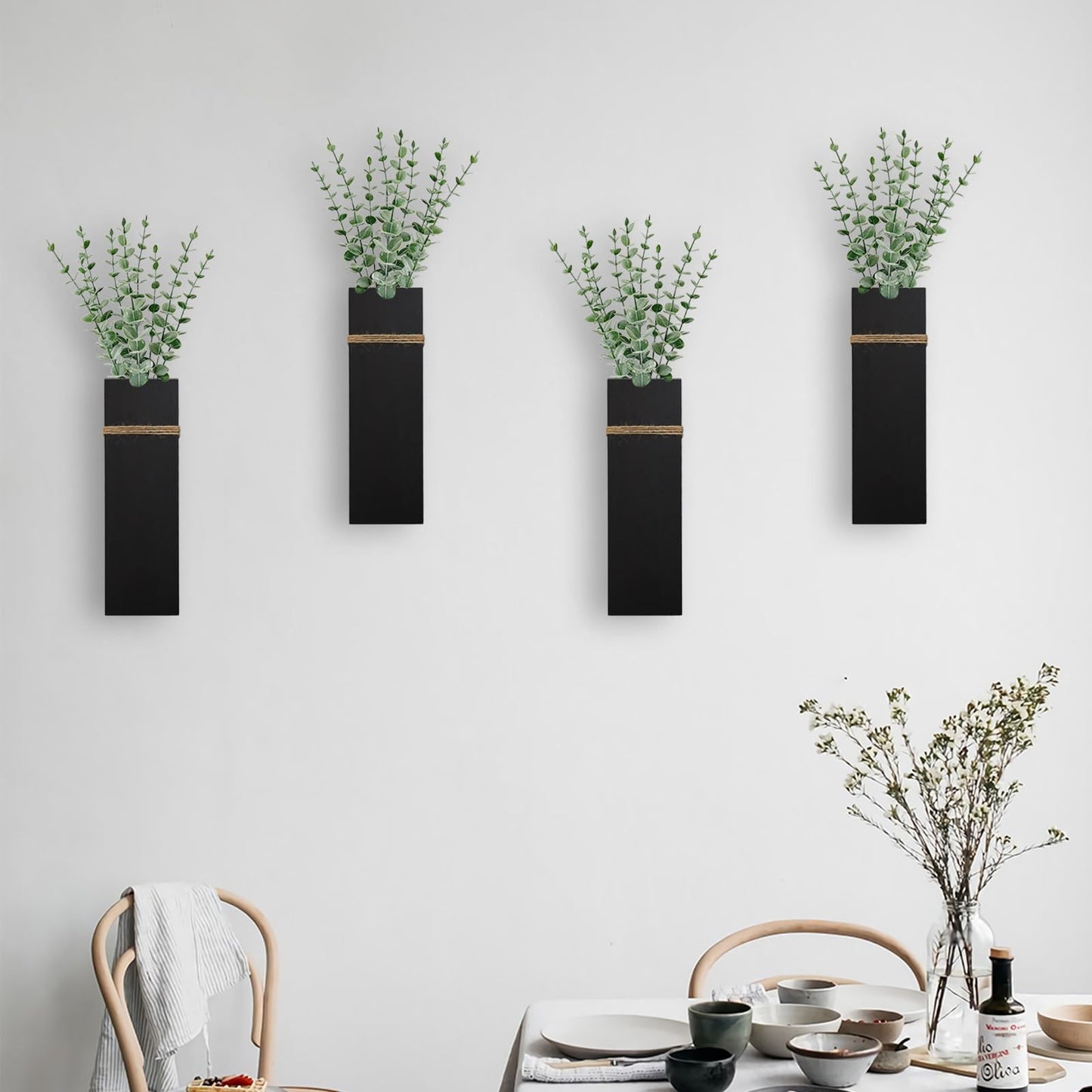 Wall Planters for Indoor Plants - 4 Pack Wood Wall Vases for Dried Flowers & Artificial Plants Modern Farmhouse Wooden Vase for Living Room Bedroom Kitchen Wall Decorations - Black