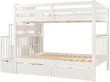 MERITLINE Full Over Full Convertible Bunk Bed with Storage Stairs, Storage Shelves and Drawers,Solid Wood Detachable Bunk Bed with Bookcase and Ladder for Adults,No Box Spring Needed (White) MERITLINE