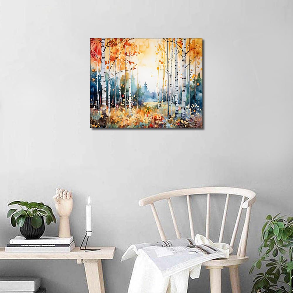 Paint by Numbers Birch Forest in Autumn Season DIY Paint by Numbers Kit for Adults and Kids DIY Canvas Painting by Numbers Watercolor Oil Painting Acrylic Painting Arts and Craft Framed 16x20 Inch TUMOVO