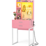 Besiost Small Vanity Desk with Hutch and Drawers, Pink Makeup Vanity Desk with Charging Station, Vanity Table Dressing Table with LED Lights, Vanity Desk No Mirror with Pegboard for Girls Women, 24" Besiost