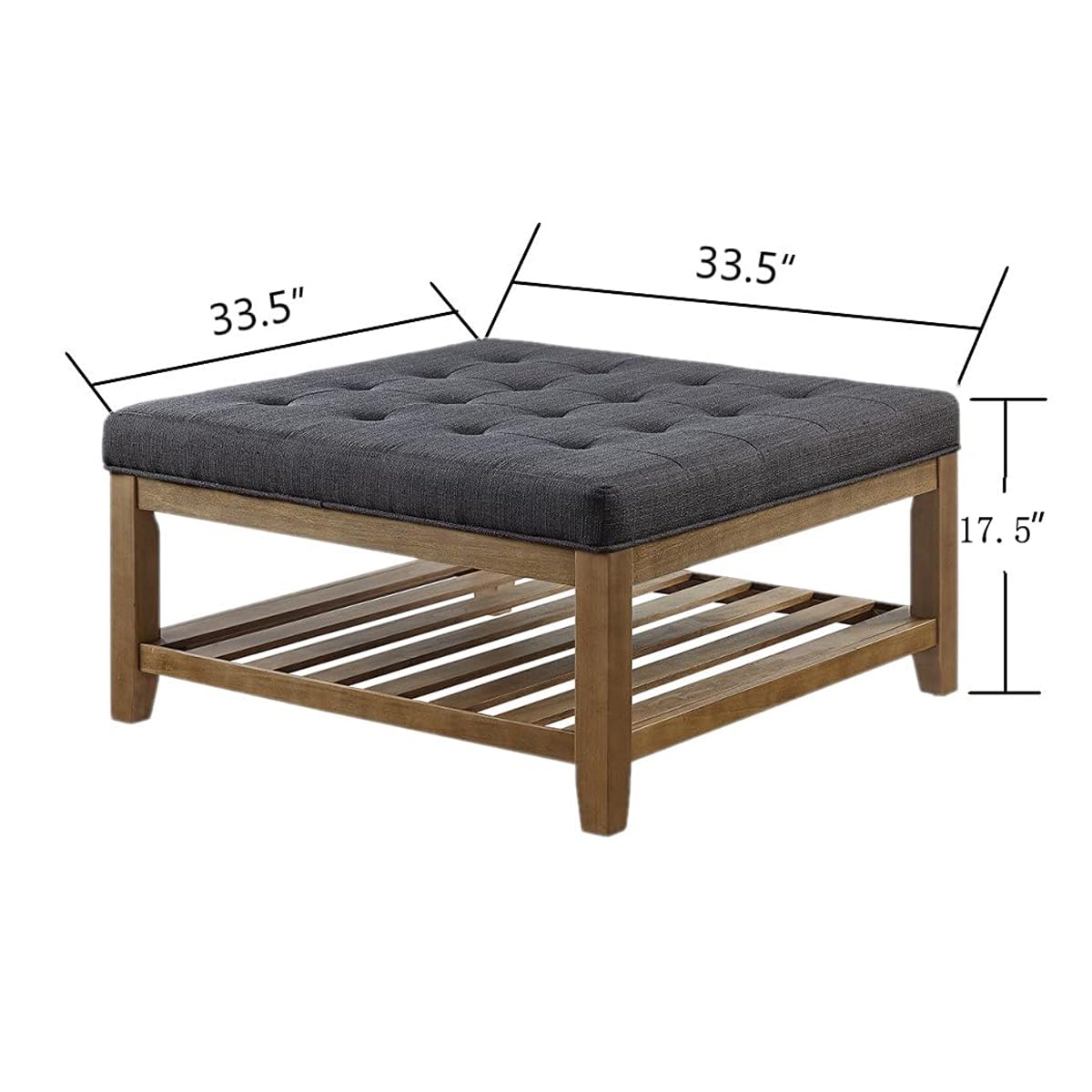 24KF Large Square Upholstered Tufted Linen Ottoman Coffee Table, Large Footrest Ottoman with Solid Wood Shelf- Charcoal 24KF